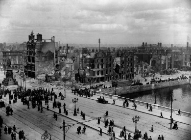 A view of Sackville Street (O'Connell St) and the River Liffey at Eden Quay in May 1916.
