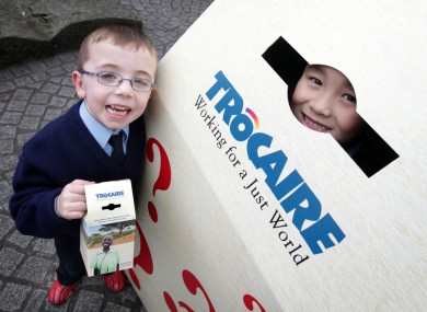 Children from first class in Our Lady Queen of Apostles National School, Clondalkin, Cian Murphy (6), left, and Taiki Yoshino Fennell (7)launching the national competition for primary schools to design the Trocaire box in 2012.