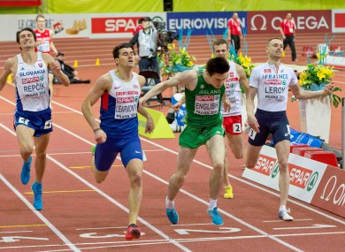 Mark English crosses the line to qualify for the 800m final.