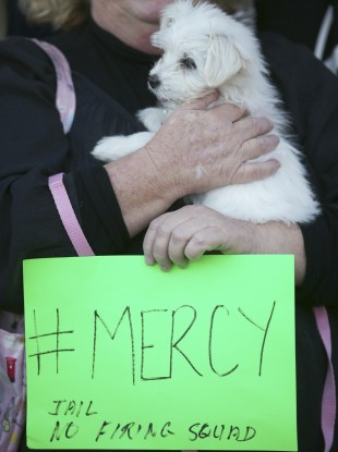 A woman holds a handwritten placard and a small dog as demonstrators gather at the Indonesian consulate in Sydney today.