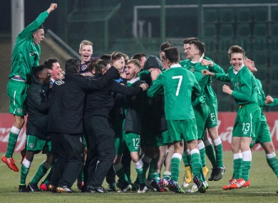 Ireland players celebrate at the end of the game after qualifying for the UEFA U17 European Championships.