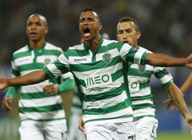 Nani celebrates a goal against Maribor in the Champions League.