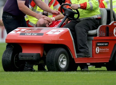 Alan O'Connor is wheeled away after suffering the injury against Kildare last Saturday.