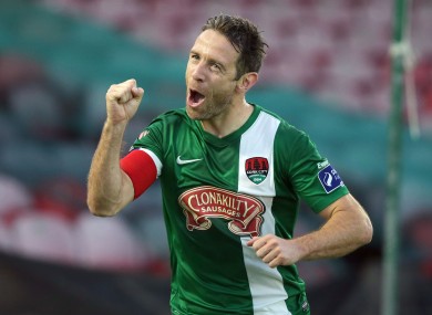 Cork City captain Alan Bennett celebrates scoring a goal.