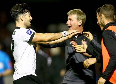 Richie Towell hugs Dundalk boss Stephen Kenny after his equaliser.