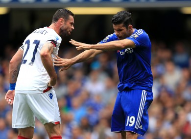 Chelsea's Diego Costa (right) and Crystal Palace's Damien Delaney argue during the Barclays Premier League match at Stamford Bridge.