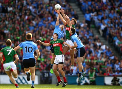 Mayo and Dublin players battling for possession last Saturday.