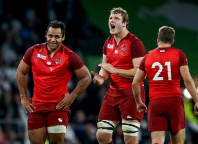 Billy Vunipola and Joe Launchbury celebrate after the game.