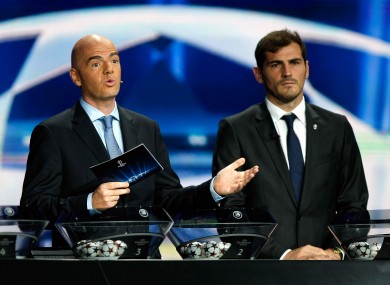 Infantino, pictured with Porto goalkeeper Iker Casillas, is master of ceremonies for many Uefa draws.
