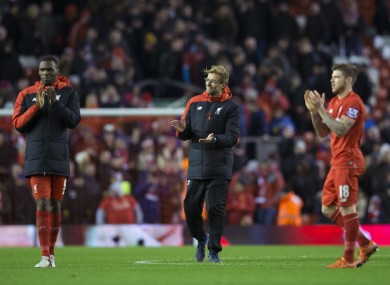 Klopp with Christian Benteke and Alberto Moreno after Sundays win over Swansea.