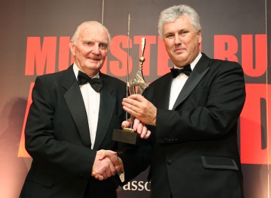 Paddy Reid (left) being presented with a Munster Rugby Hall of Fame award by Gerry O'Loughlin in 2008.