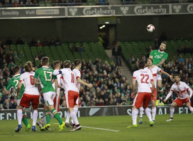 Ireland's Shane Duffy, right, wins the ball against Switzerland's Timm Klose during their international soccer friendly at the Aviva stadium last Friday.