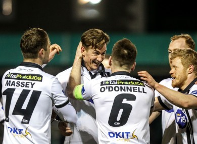 Dundalk's Stephen O'Donnell celebrates with goalscorer Ronan Finn.