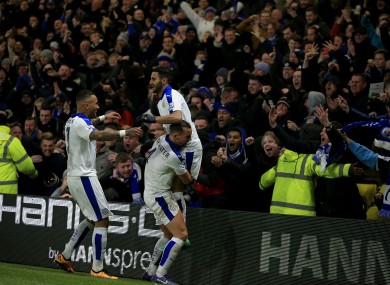 Leicester City's Riyad Mahrez (right) celebrates scoring his side's goal against Watford.