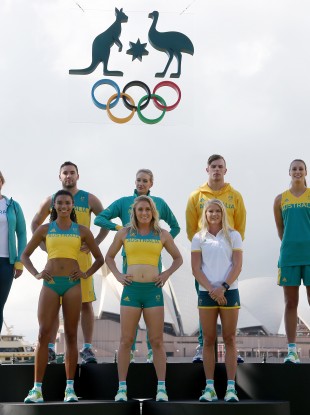 Australian athletes, back row from left to right, Holly Lincoln-Smith, Adam Gibson, Madison Wilson, Kyle Chalmers and Stephanie Talbot, front row left to right, Morgan Mitchell, Sally Pearson and Brooke Stratton model.