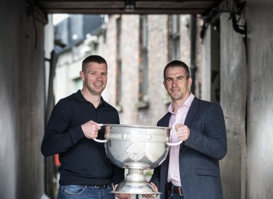 Tomás O Sé and Dessie Dolan with the Sam Maguire in Thurles today.