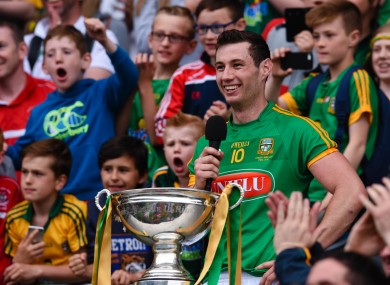 Meath captain James Toher makes his victory speech after the game.