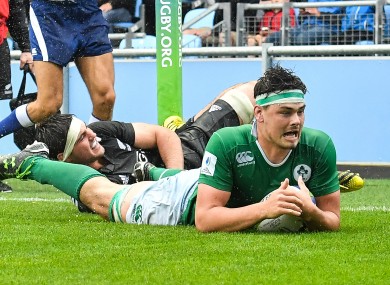 Max Deegan celebrates his try against New Zealand.