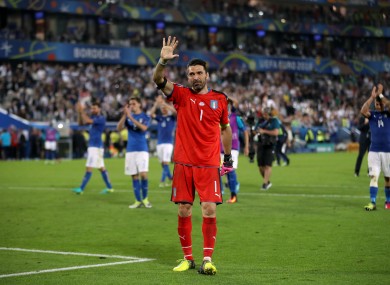 Italy goalkeeper Gianluigi Buffon acknowledges the fans after their loss in the penalty shoot-out .