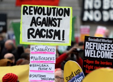 (File photo) Campaigners from Stand Up to Racism protest through Trafalgar Square in London in March.