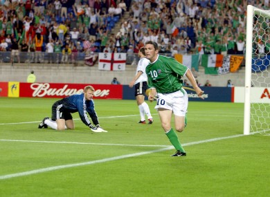 Keane celebrates his famous equaliser against Germany at the 2002 World Cup.