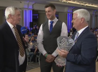 GAA President Aogán Ó Fearghail, right, presented Callanan with his award at the Burlington Hotel.