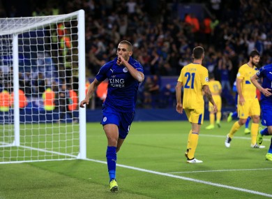 Islam Slimani celebrates after scoring.
