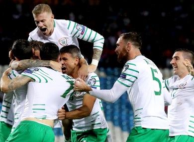 Ireland players celebrating Jeff Hendrick's goal against Bosnia.