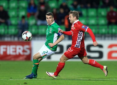 Republic of Ireland's Seamus Coleman (left) and Moldova's Alexandru Dedov.