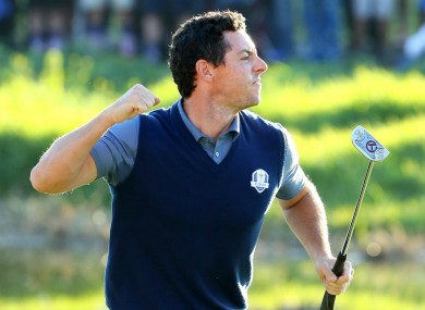 Rory McIlroy celebrates an eagle putt at the Ryder Cup.