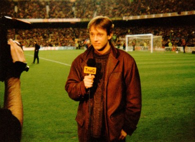 TnaG's Micheál Ó Domhnaill doing a piece to camera at the Nou Camp in 1996.