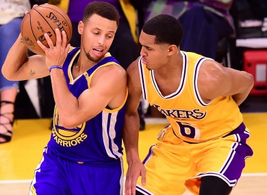 Warriors' Stephen Curry and Lakers' Jordan Clarkson.