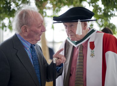 John Montague (right) prior to the Bloomsday conferral ceremony where he was awarded an Honorary Degree of Doctor of Literature at UCD.