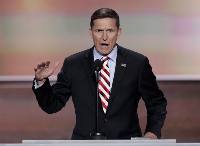 The man's father, Lt Gen Michael Flynn, US Army (ret), speaks during the opening day of the Republican National Convention in Cleveland.