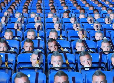 Jamie Vardy masks on the seats of the King Power Stadium.