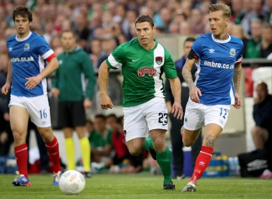 Mark O'Sullivan in possession for Cork City during the second leg of their Europa League tie against Linfield in July.