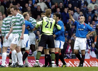 Rangers Alex Rae (R) pictured during a 2004 Old Firm derby.