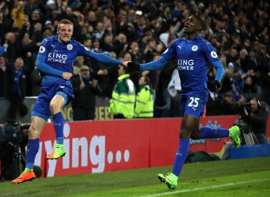 Leicester City's Jamie Vardy celebrates scoring his side's third goal.