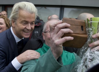 Geert Wilders posing for selfies during the launch of his campaign today.