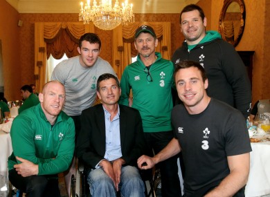 Van der Westhuizen meeting Ireland's Paul O'Connell, Peter O'Mahony, Les Kiss, Mike Ross and Tommy Bowe at Dublin's Shelbourne Hotel in 2014.