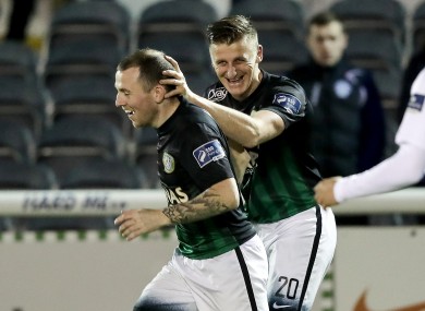 Bray Wanderers' goal scorer Anthony Flood celebrates with team-mate Gary McCabe.