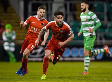 Sean Maguire celebrates scoring a penalty for Cork City this evening.