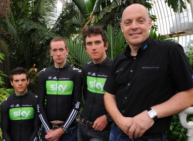 File photo dated 23-06-2011 of Team Sky's (from left) Ben Swift, Bradley Wiggins, Geraint Thomas and general manager David Brailsford.