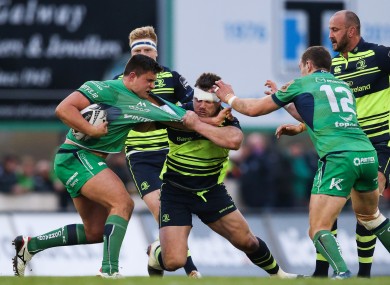 Leinster's Cian Healy with Dave Heffernan of Connacht