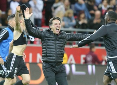 Amiens coach Christophe Pellissier celebrates his side's remarkable promotion.