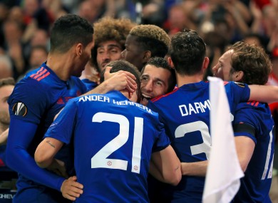 Manchester United's Henrikh Mkhitaryan celebrates scoring his side's second goal.