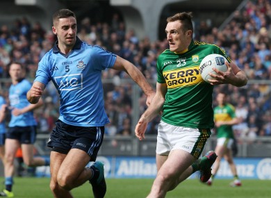 Kerry's Brendan O'Sullivan (right) in action against Dublin's James McCarthy.