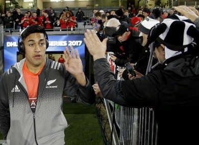 All Blacks Rieko Ioane gestures to fans as he walks out onto the field ahead of the first test.