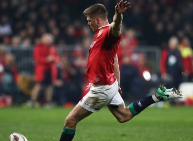 Owen Farrell kicks during the Lions' win over the Crusaders.