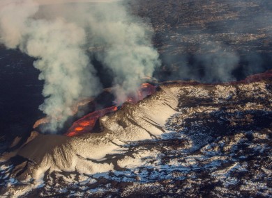 Aerial view of erupting volcano Holuhraun, in Bardarbunga, Iceland.